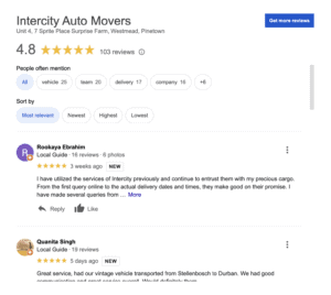Google Reviews For Intercity Auto Moves Vehicle Transport services in SA